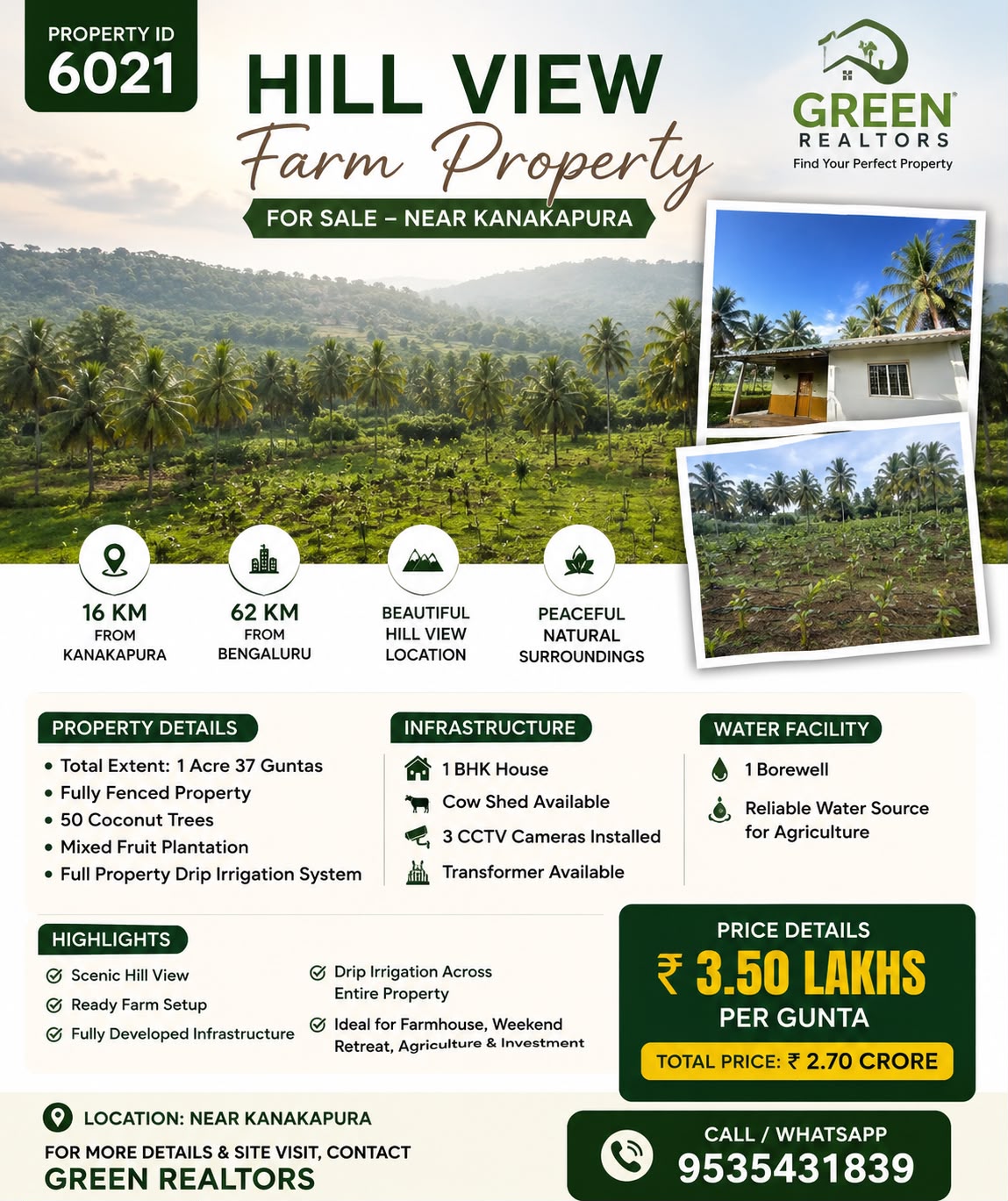 🆔 *PROPERTY ID – 6021* 🌴🏡 *Hill View Farm Property for Sale – Near Kanakapura*